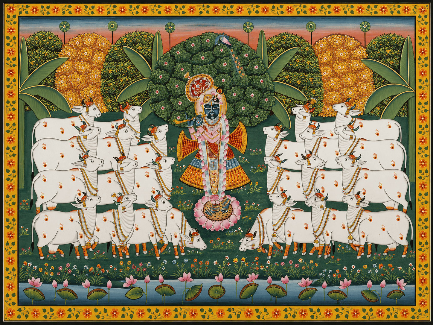 Handmade Gopashtami Pichwai Painting – Krishna with Cows, Natural Colors on Cotton (4x2 ft)